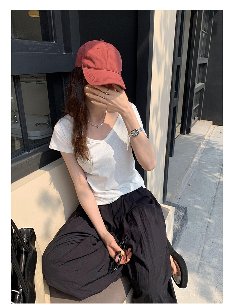 简约百搭V领纯色休闲短袖T恤女2024夏季新款轻薄透气宽松显瘦上衣详情11