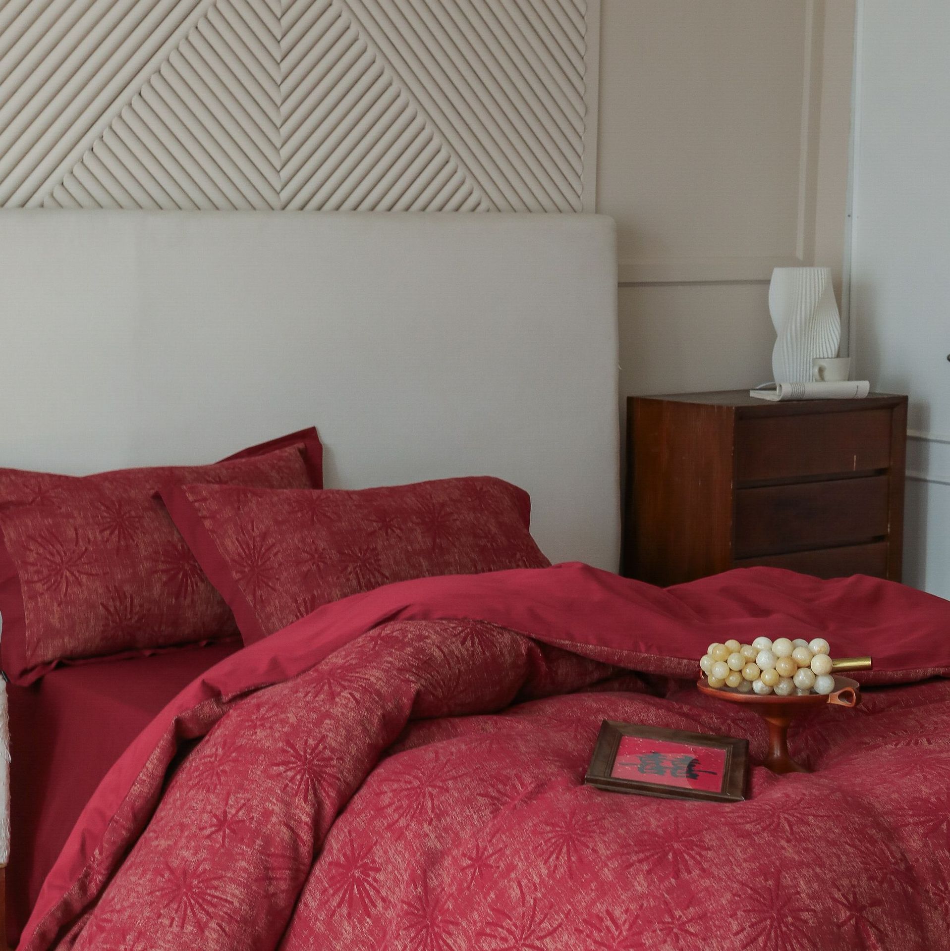 Class A retro jacquard all-cotton wedding four-piece set, a red pure cotton high-end wedding room bedding pic 19