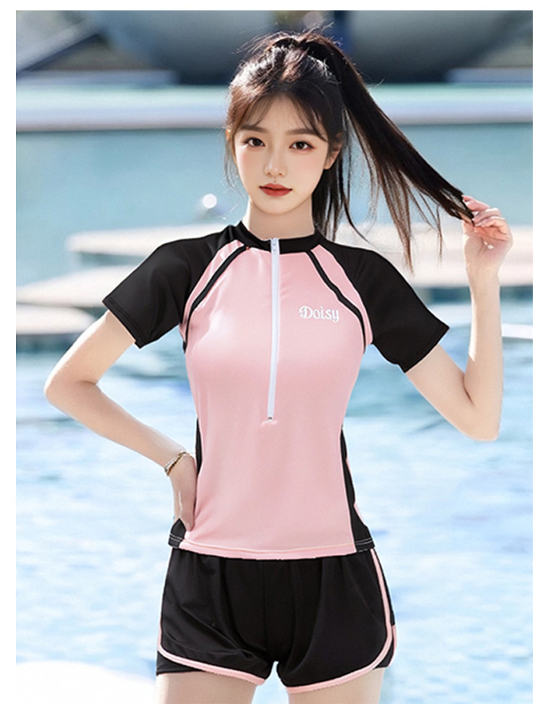 泳衣女新款爆款休闲运动风保守短袖游泳衣学生遮肚显瘦度假泳装-028443详情13