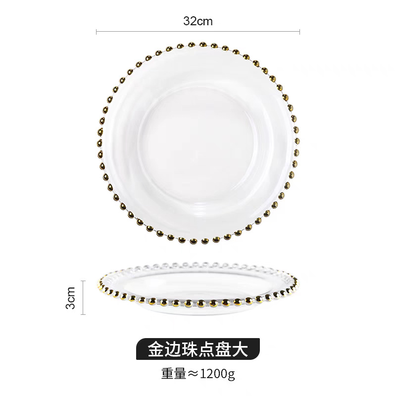 Qixian Pearl Dot glass plates, European-style creative gold and silver pearl Western dinner plates, base plates, electroplated dinner plates, glass round plates pic 6