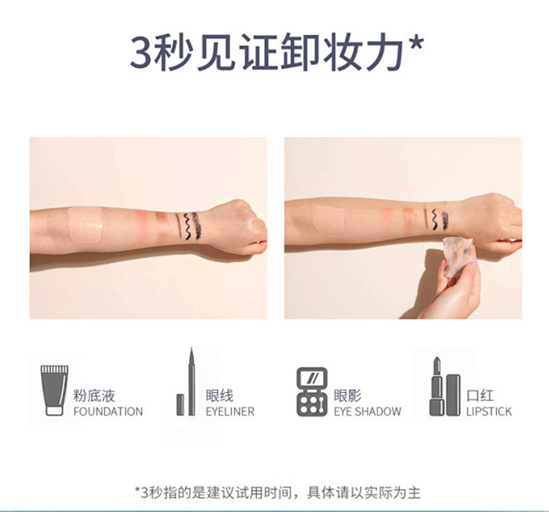 跨境定制卸妆湿巾眼脸唇面部三合一清洁卸妆湿巾纸免洗卸妆巾30抽详情3