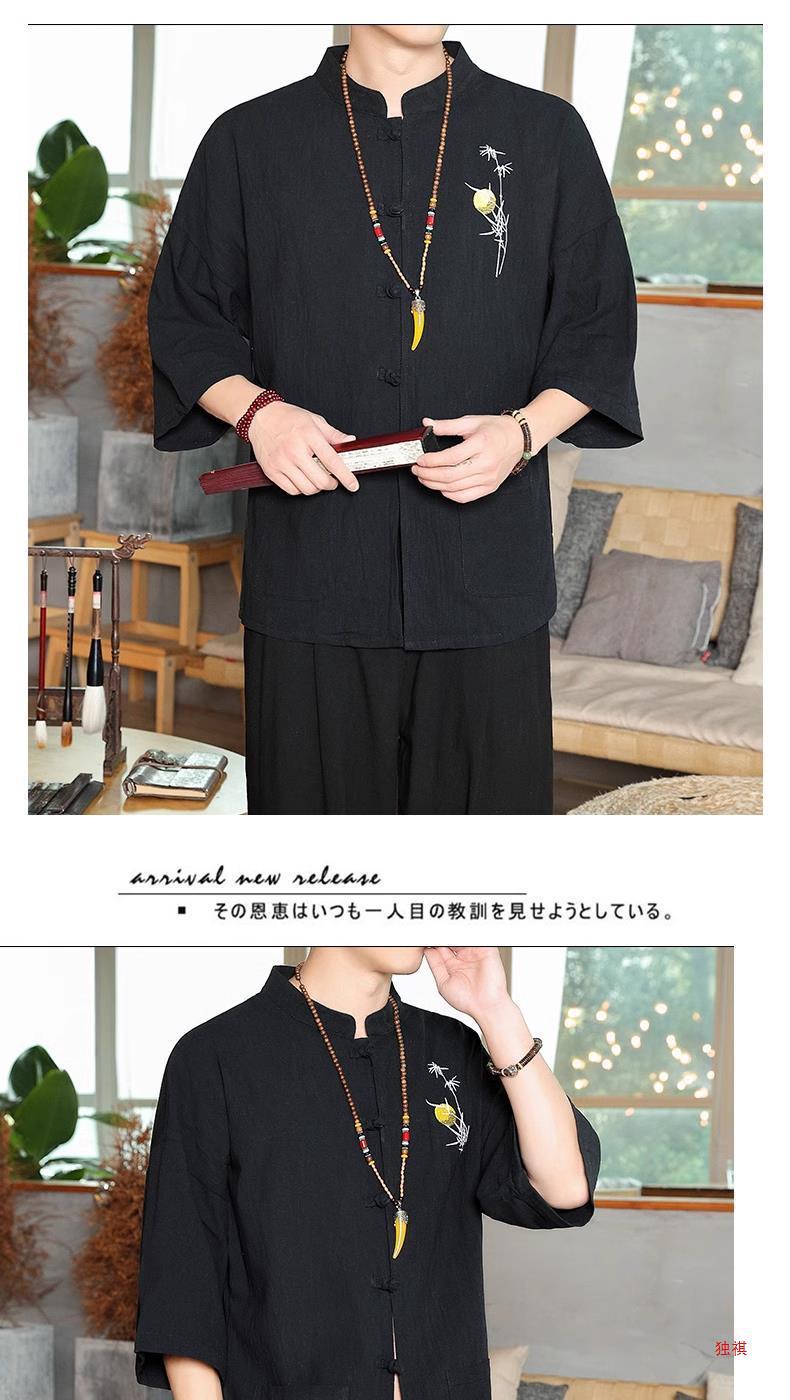 国潮中国风刺绣男士唐装短袖亚麻t恤夏季薄款七分袖道袍上衣潮流衬衣详情28