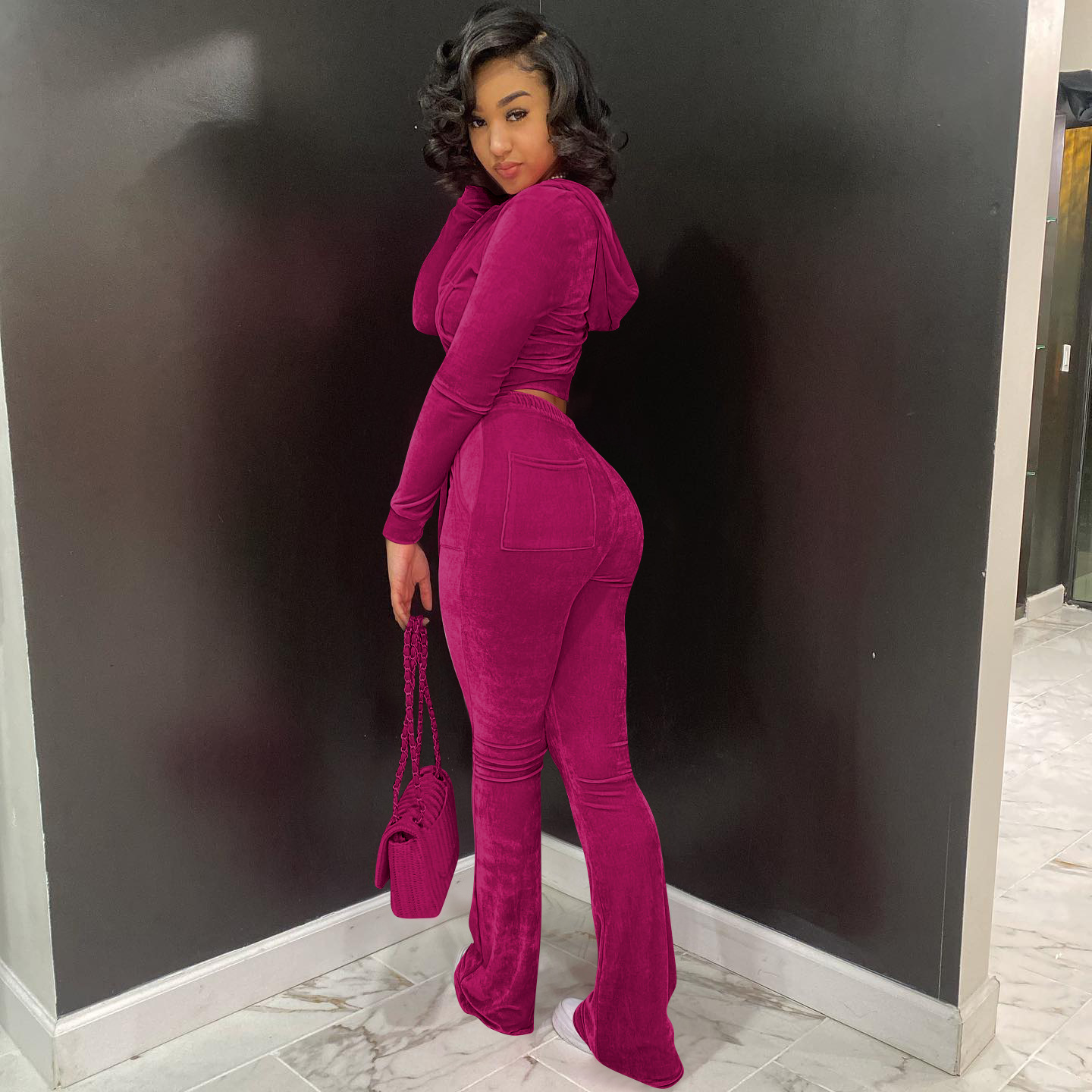 Solid color gold velvet wide-leg pants two-piece set pic 109