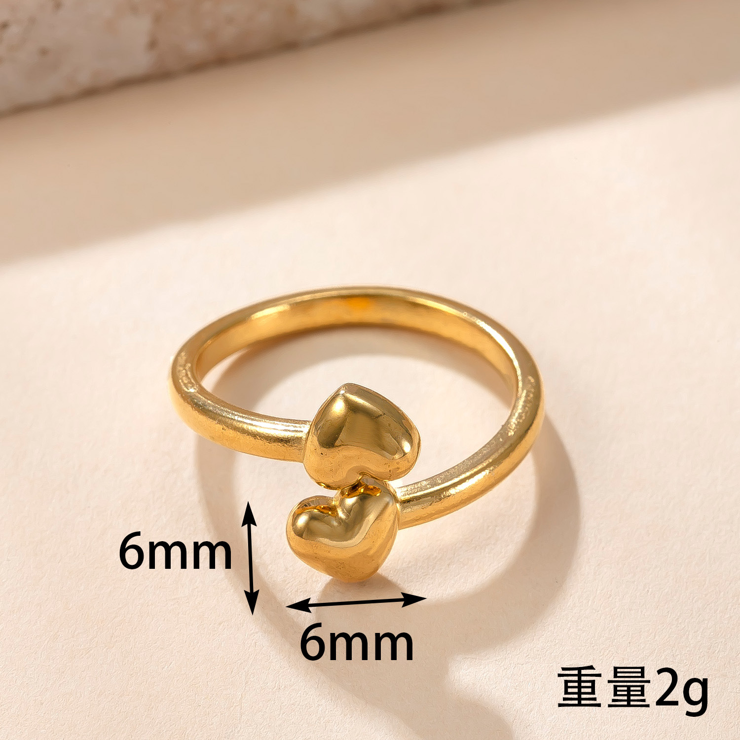 跨境热销不锈钢戒指 双爱心开口戒韩系简约镀18k金钛钢饰品批发厂详情4