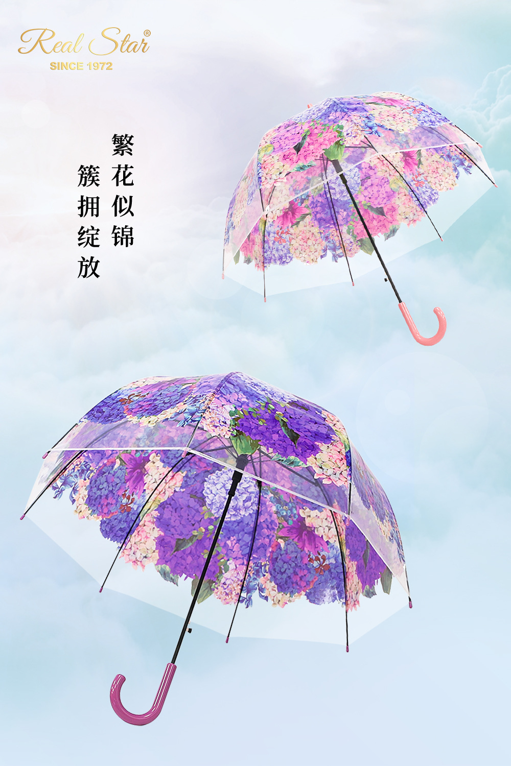 25年星宝新款成人透明伞绣球花彩色图案拱形雨伞数码印日韩清新详情6