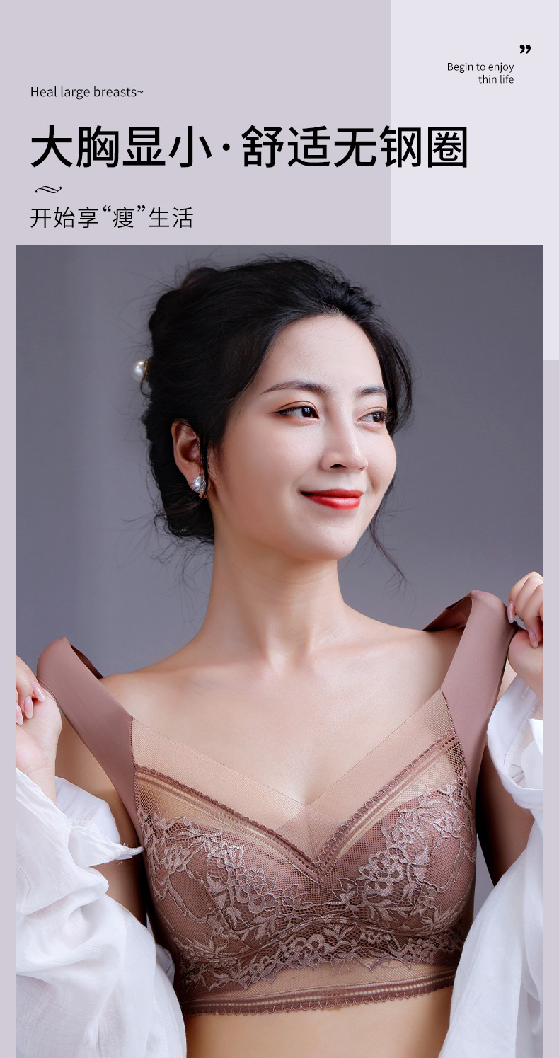 跨境蕾丝大码背心无痕冰丝聚拢透气薄款文胸美背大胸显小固定内衣详情1