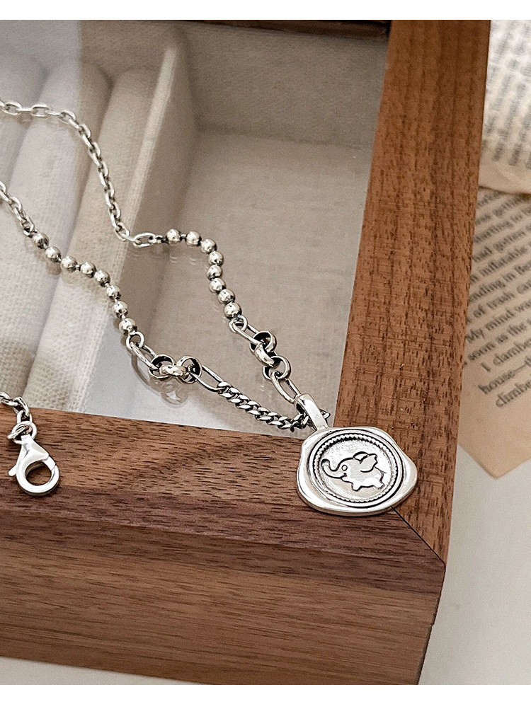 S925纯银复古圆牌小象图章项链女韩风高雅感毛衣链小众饰品精品详情16