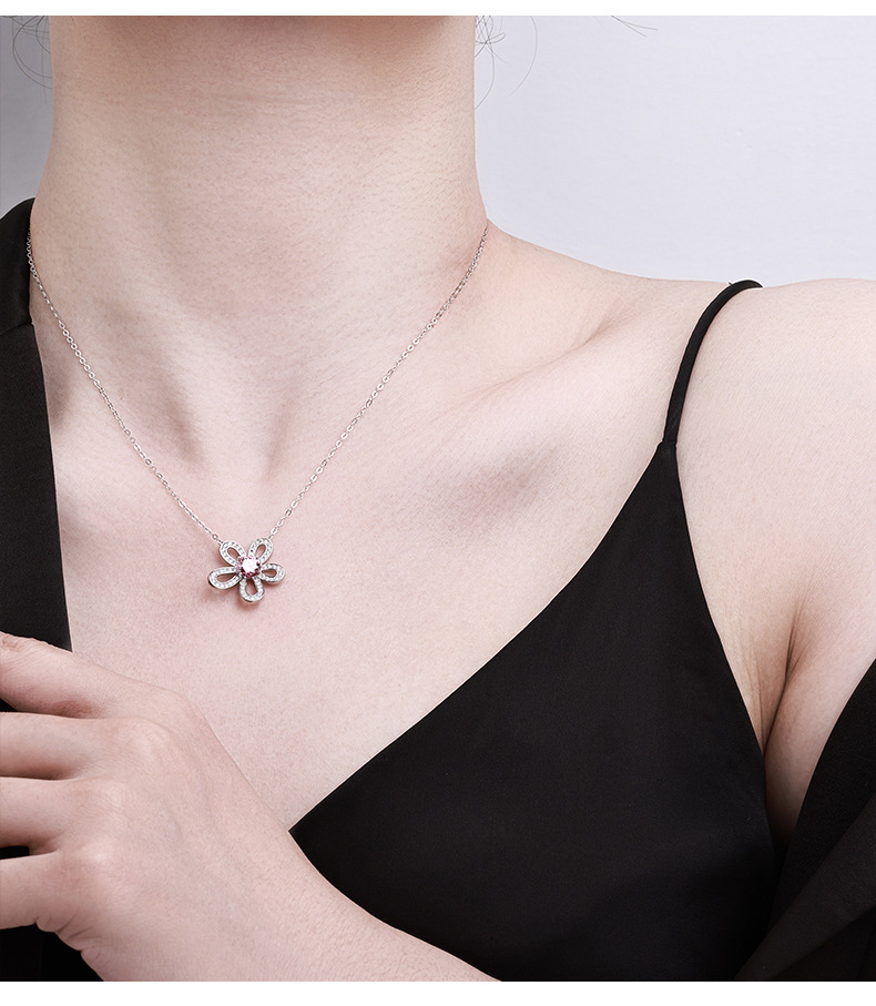 个性粉丝花朵莫桑石项链S925银复古轻奢锁骨链高级感百搭详情4