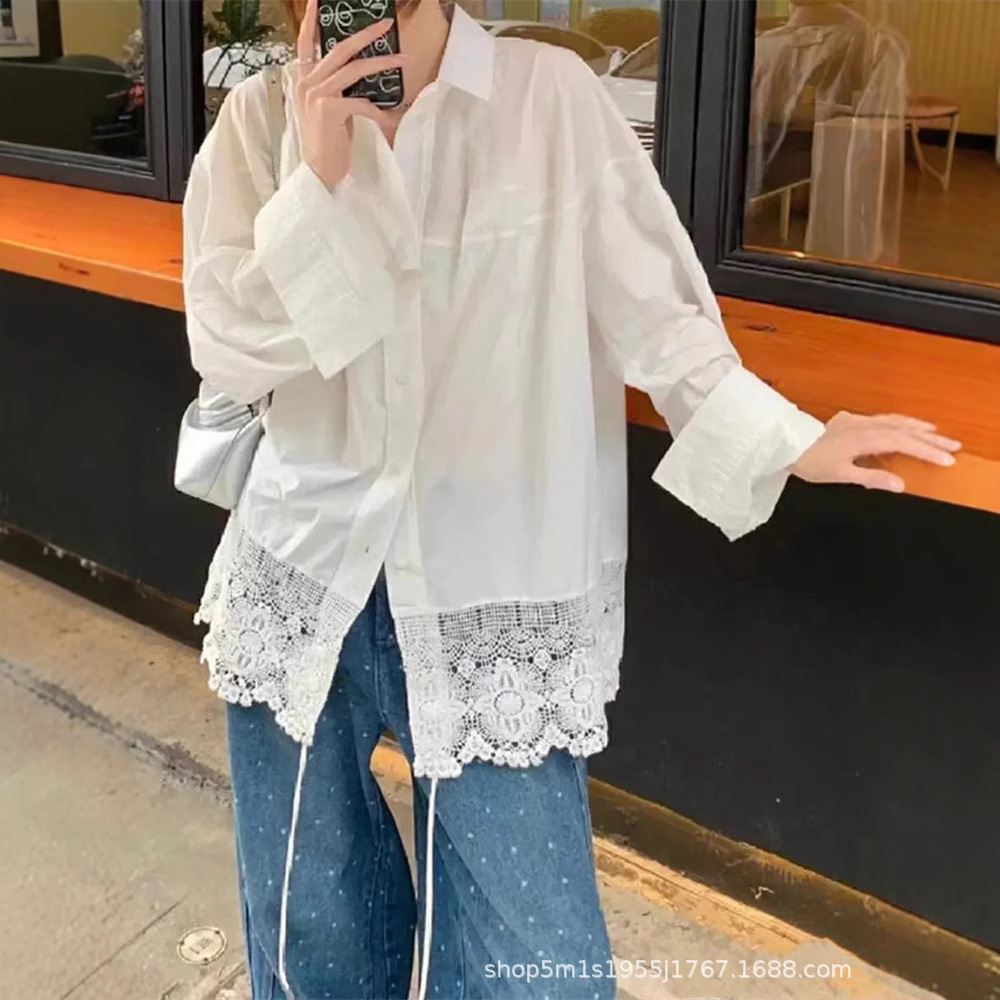 This is a new loose and fashionable shirt and top for women in the spring and autumn of 2025, featuring a Korean-style lace cutout and hook pattern design pic 6