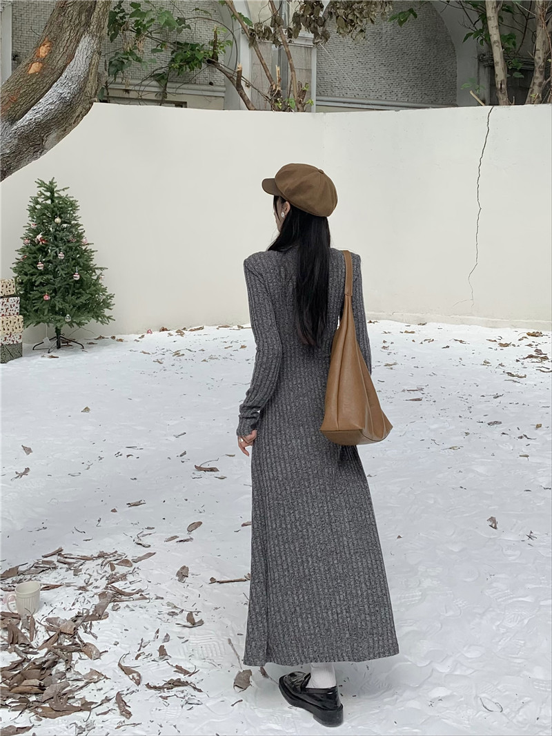 Retro, simple and versatile knitted long-sleeved dress for women, spring waist-cinching and slimming A-line dress, new autumn and winter base long dress pic 47