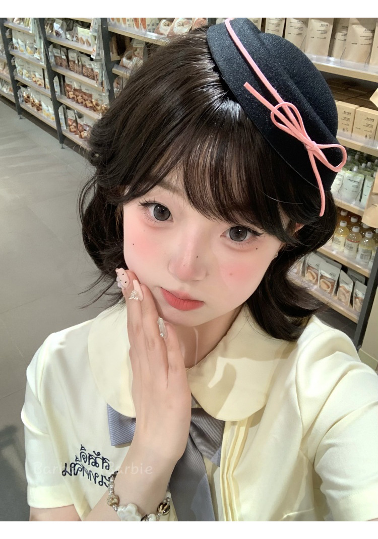 韩系可爱黑色丝绒蝴蝶结礼帽甜美少女jk圆顶贝雷帽女水手海军帽子详情8