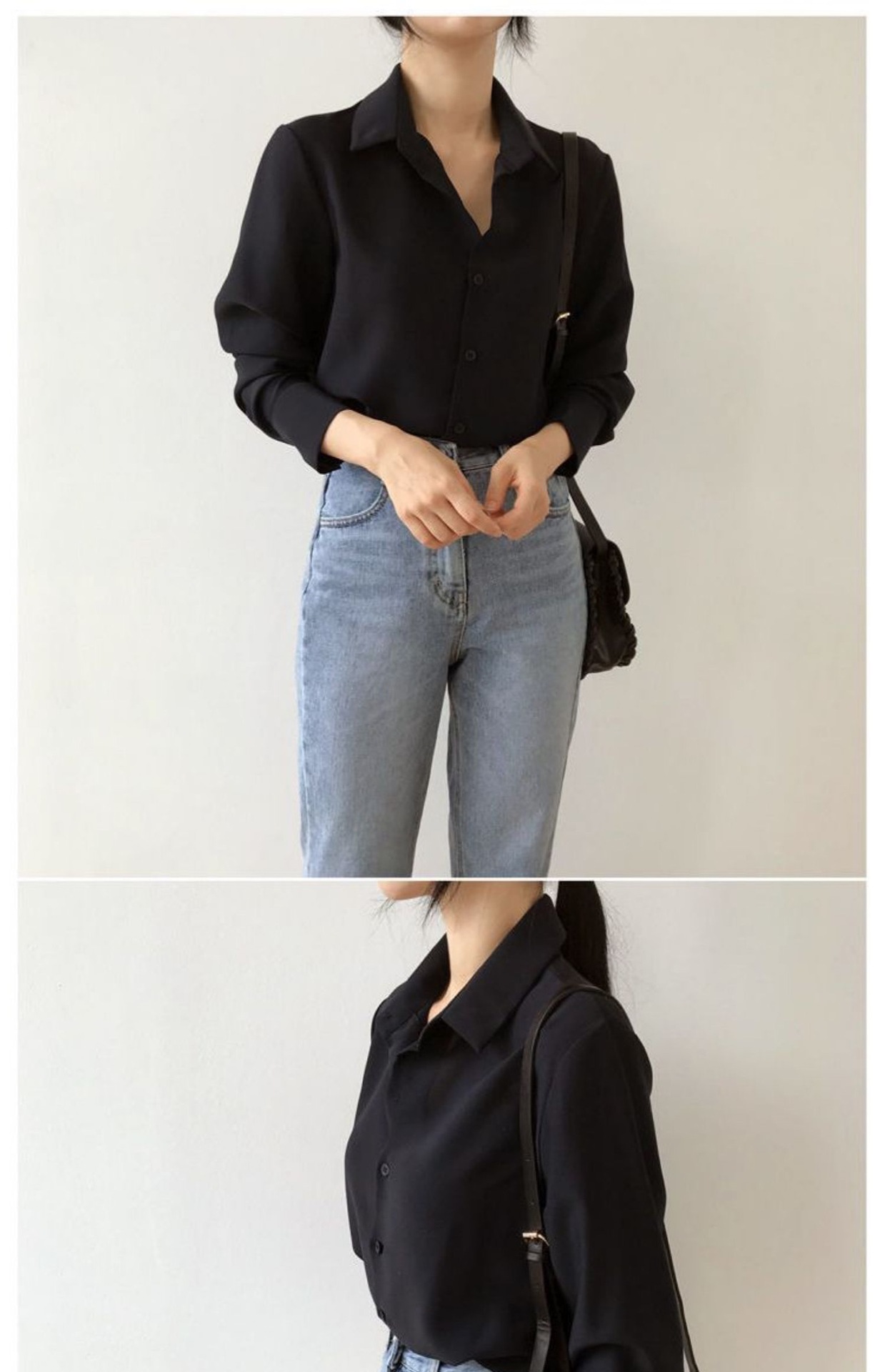 Black chiffon shirt for women, loose polo collar long-sleeved top, professional OL, solid color Hong Kong-style base, elegant shirt for women pic 10