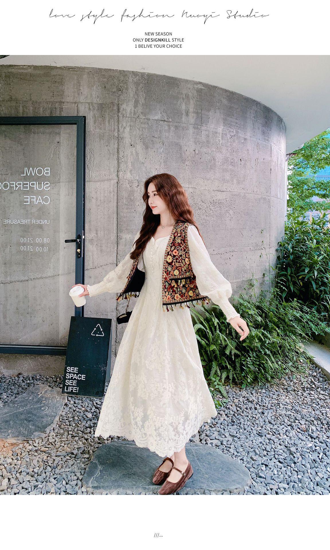 Real shot Bohemian fringed vest jacquard long dress two-piece set 2025 autumn collection lace patchwork V-neck dress pic 20