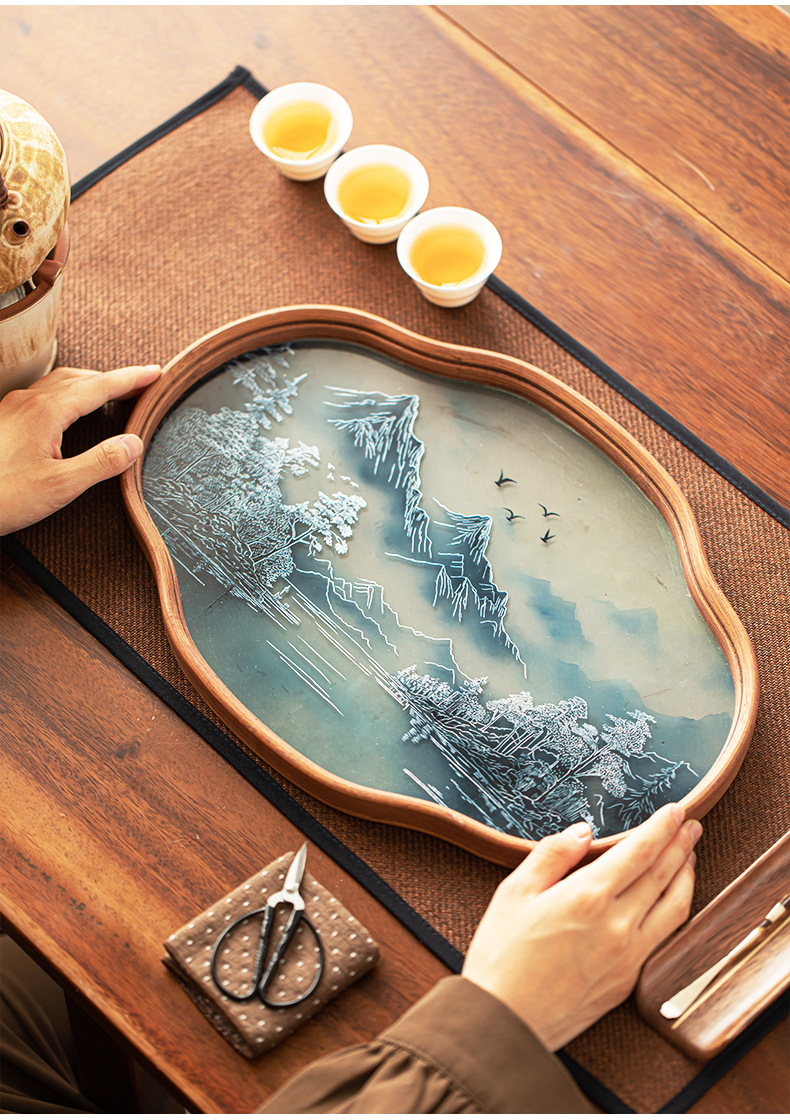 国潮山水玻璃托盘壶承茶盘家用新中式复古山水水墨风海棠花型详情3