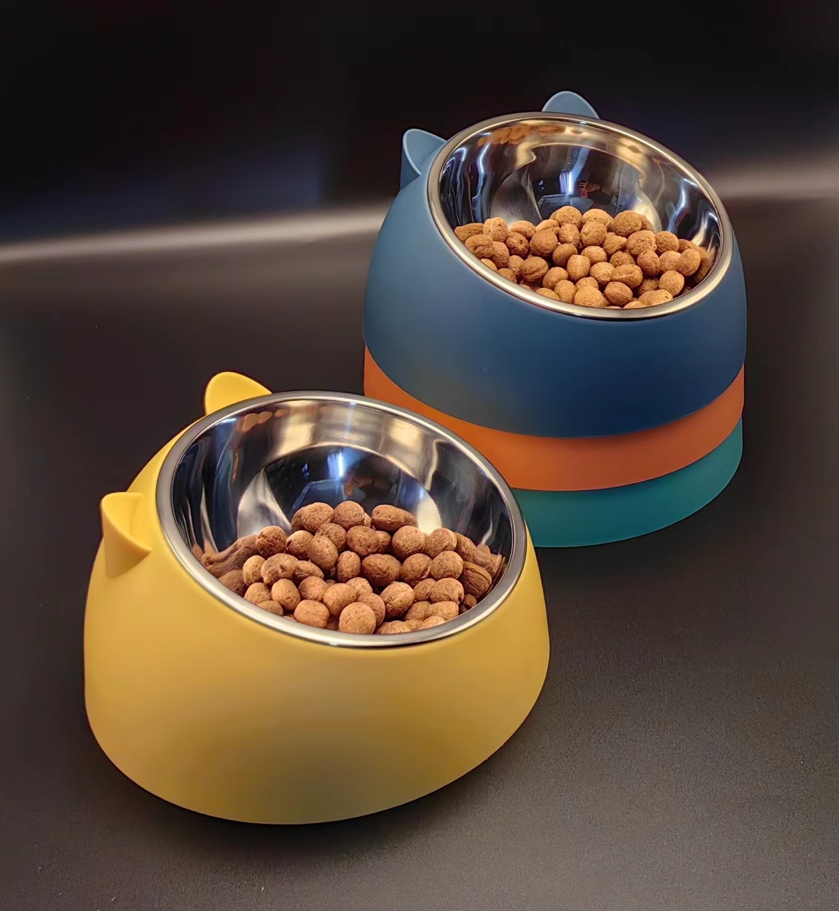 Cross-border wholesale candy-colored cat head small stainless steel single bowl detachable plastic base cute cat and dog food bowl pic 5