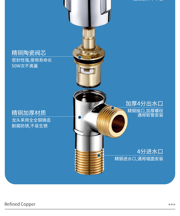 Angle valve, all-copper hot and cold water triangle valve, faucet switch, household heater, toilet, thickened three-way eight-shaped stop valve pic 10