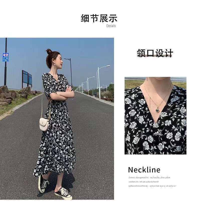 女装2024夏款碎花连衣裙过膝长款收腰显瘦V领高级感风短袖连衣裙详情3
