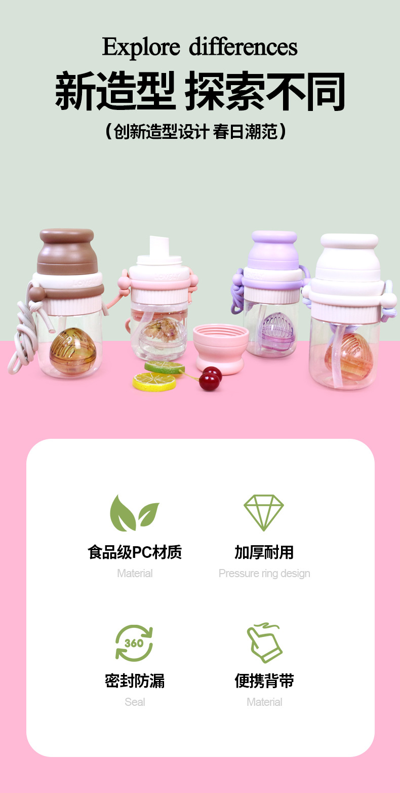 新款夏季500ml儿童双饮水杯学生男女吸管杯带茶仓可爱提手塑料杯详情1