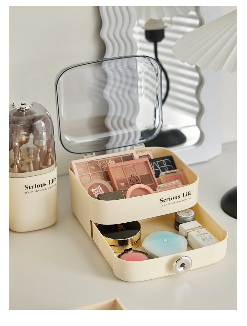 奶油ins风化妆品收纳盒套装大容量桌面防尘护肤品口红面膜置物架详情7