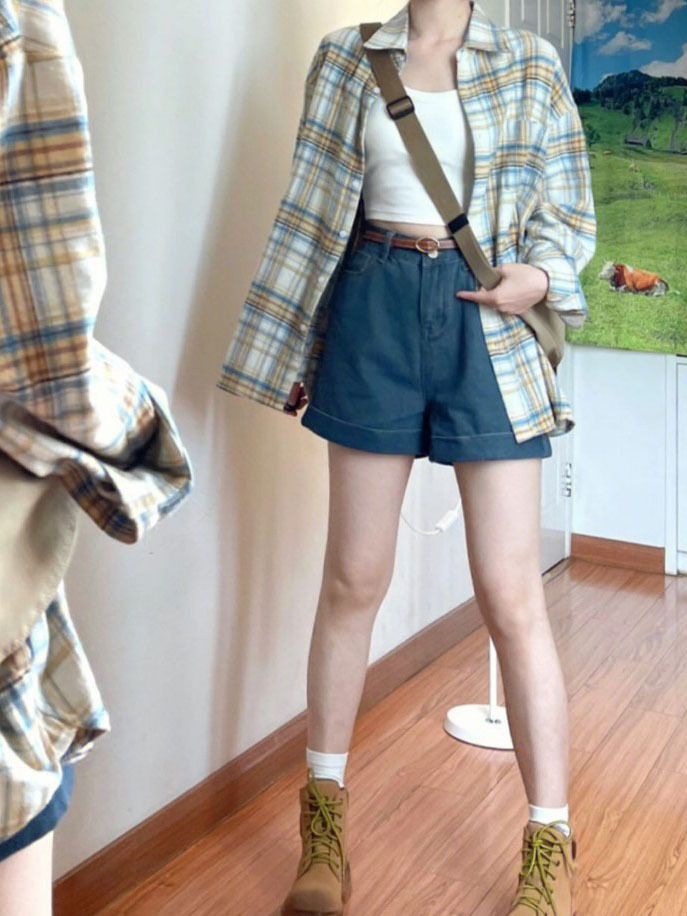 幂式穿搭早秋女复古格子衬衫慵懒风宽松衬衣开衫外套长袖上衣详情12
