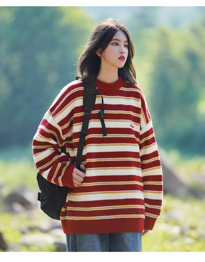 Retro color-blocking striped chunky knit sweater for both men and women, Japanese loose trendy round-neck knitted sweater jacket for autumn and winter pic 18