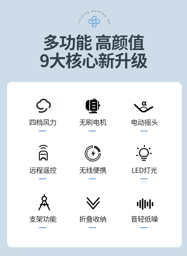 新款折叠风扇可远程遥控带摇头露营便携式带LED灯桌面带手机支架详情2