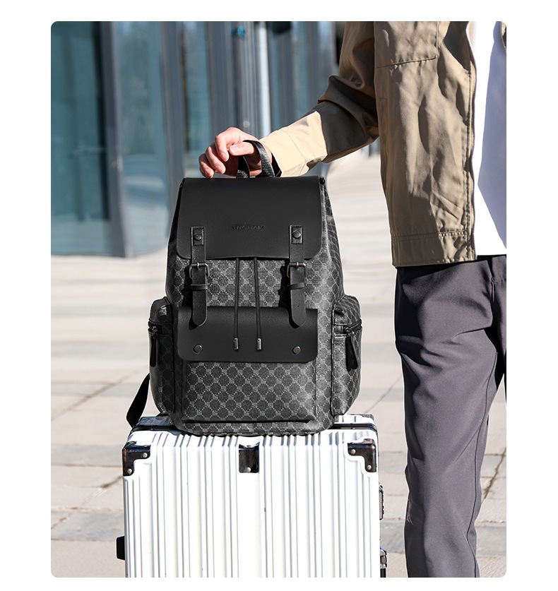 双肩包男士格子通勤休闲上班族背包大容量商务旅行出差工作电脑包详情9