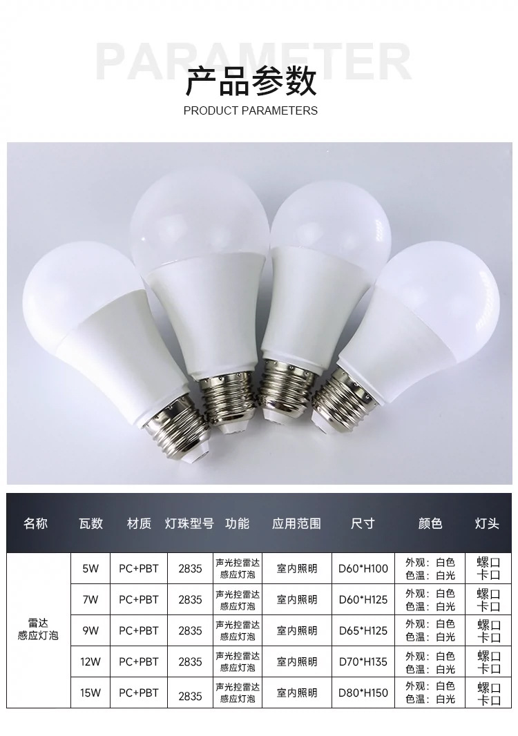LED智能人体红外雷达感应声光控灯泡灯芯超亮楼梯通道节能球泡E27详情9