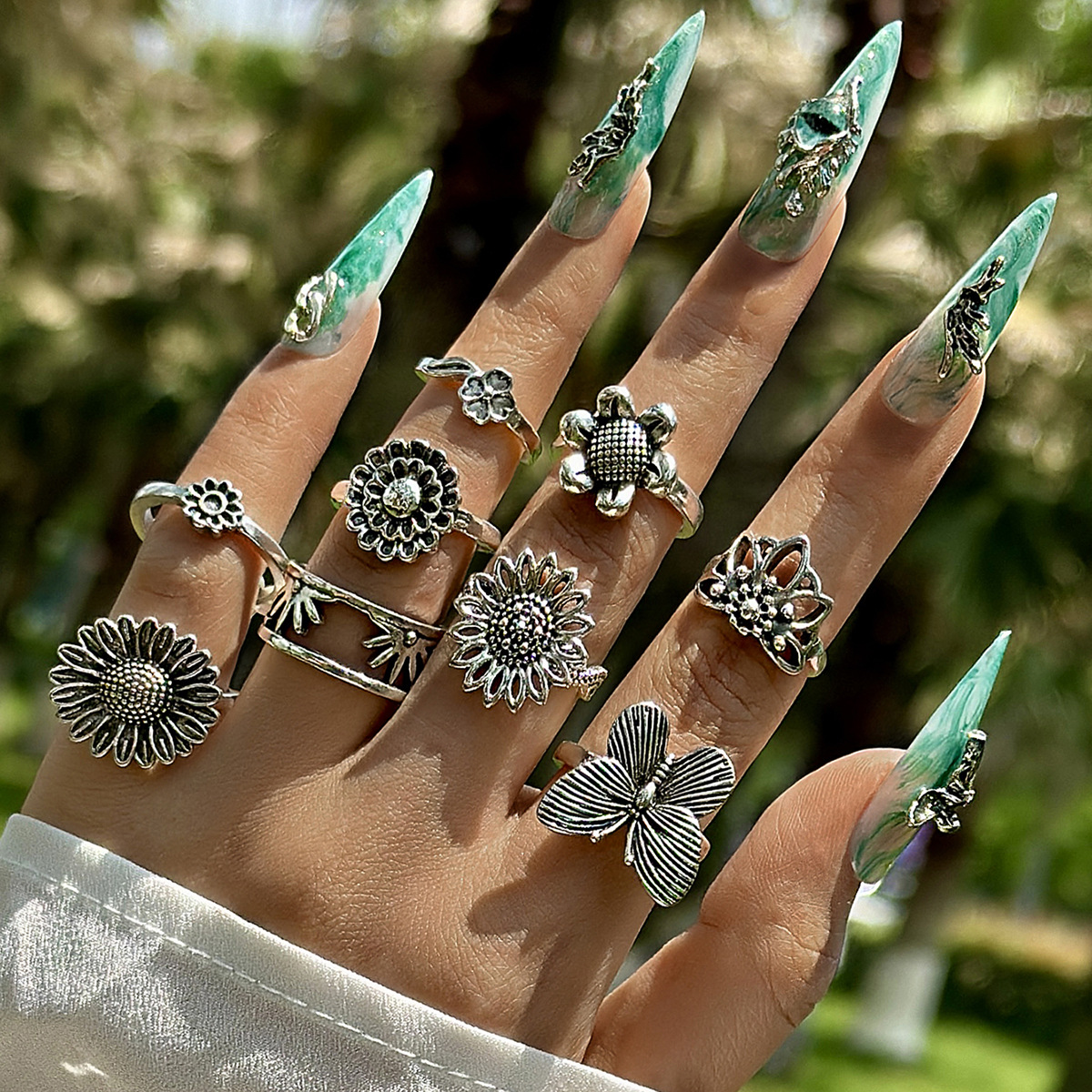 欧美跨境波西米亚海星扇贝戒指 沙滩风椰树蝴蝶雕花复古戒指套装详情16