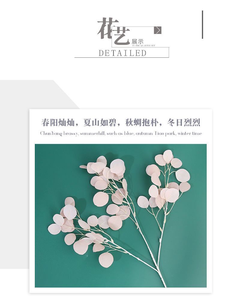 仿真植物小圆叶3叉婚礼装饰小扇叶跨境厂家批发金钱叶吊顶婚庆详情6