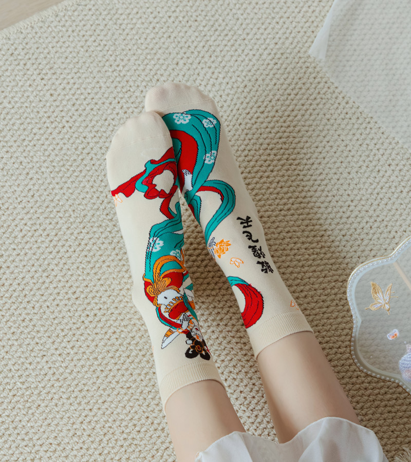 国潮袜子女原创设计古风水墨画AB鸳鸯女棉袜敦煌飞天白蛇传潮流中筒袜详情34