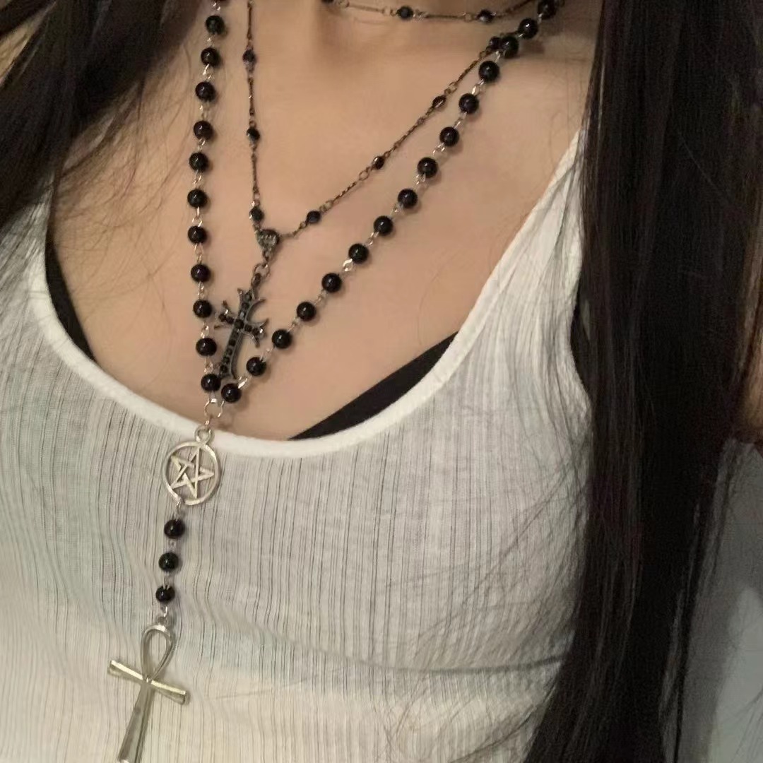 Cool and retro dark cross beaded necklace, a niche long subculture hot girl beaded high-end sweater chain pic 6