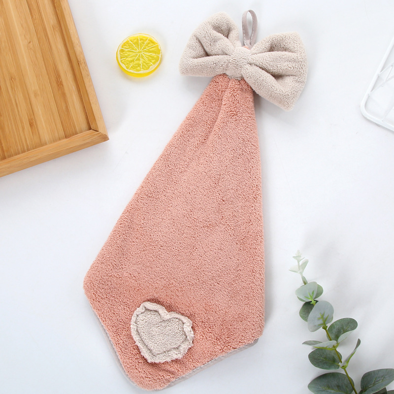 【 Chi Jia 】 High-density coral velvet heart-shaped patchwork with embroidered bows, hand towels, heart-shaped embroidered hanging towels, kitchen towels pic 7