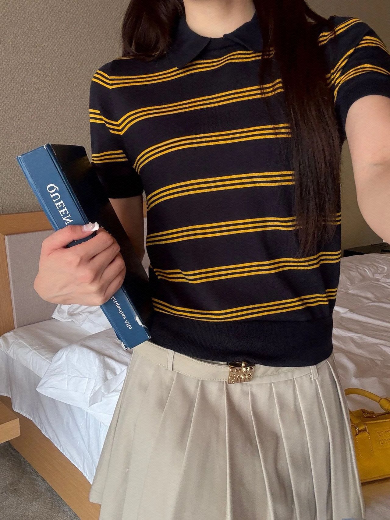 miu系真丝羊毛夏季polo领T恤减龄新款针织衫撞色条纹复古学院风详情15