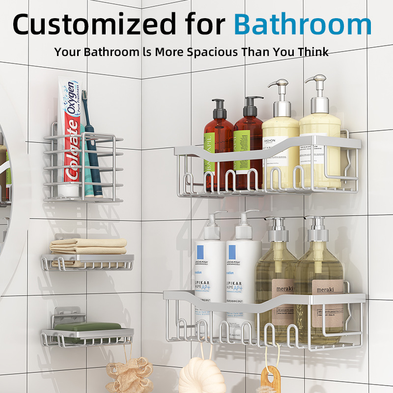 亚马逊新款浴室置物架卫生间收纳架免打孔墙上壁挂洗漱用品置物架详情8