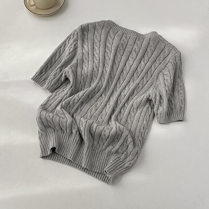 British-style ponytail embroidery braided short-sleeved knitted sweater for women, spring and summer retro style, thyme and base layer sweater pic 4