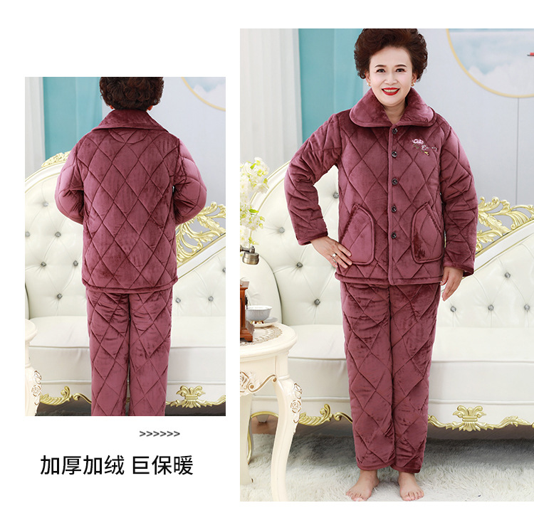 中老年妈妈冬季睡衣女三层加绒加厚夹棉珊瑚绒保暖家居服外穿套装详情16