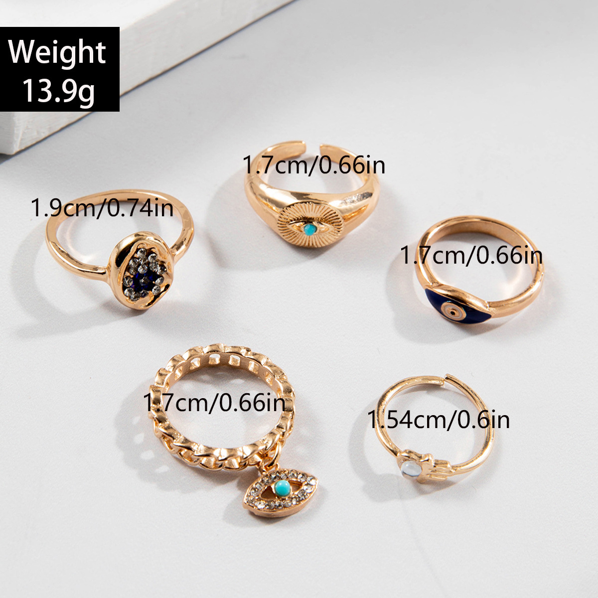 欧美跨境复古金属仿祖母绿镶钻戒指套装设计感爱心蛇形戒指套装女详情16