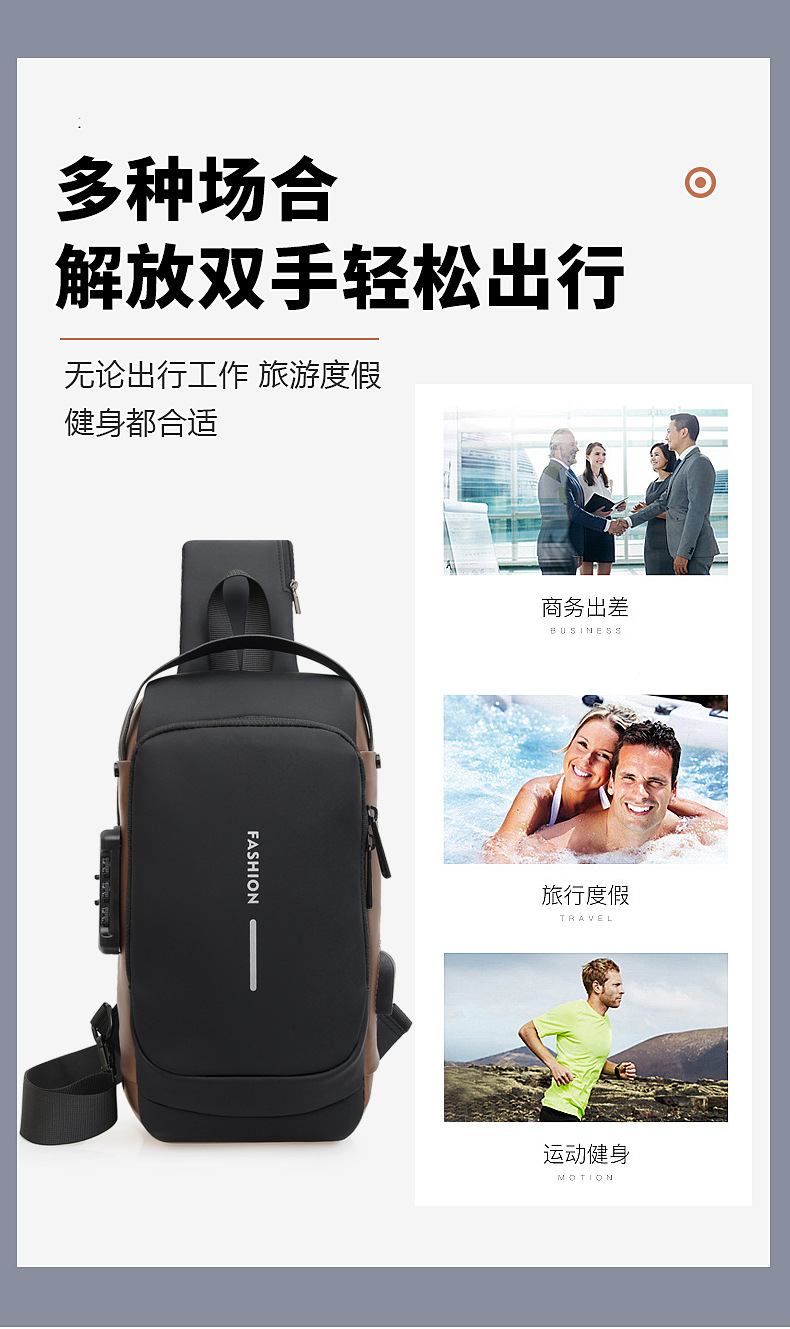 单肩包男款潮流防盗密码锁男士胸包尼龙外贸新款大容量斜挎包手提详情31