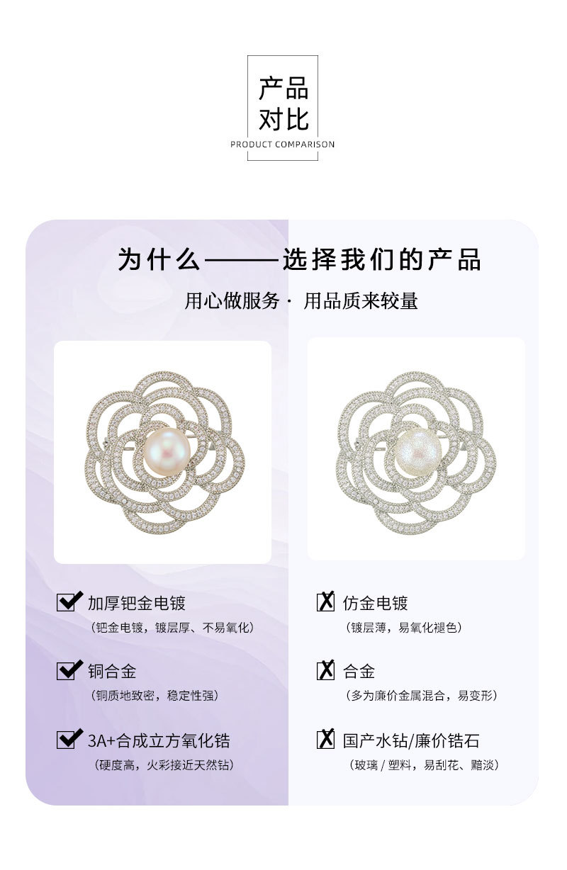 A light luxury and elegant camellia brooch with a high-end feel. It features a copper alloy freshwater pearl inlaid with zircon and a three-dimensional hollowed-out brooch pic 14