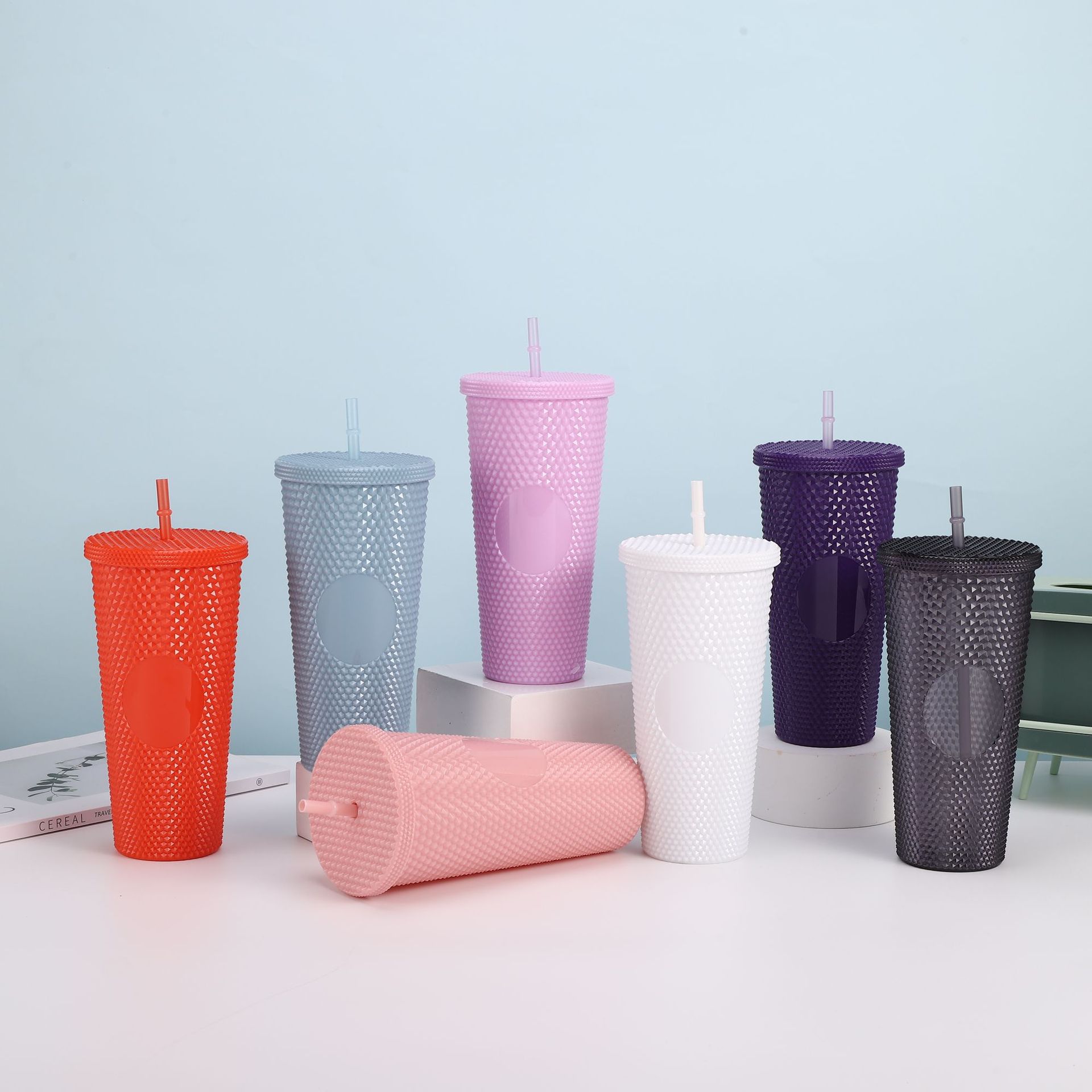 Cross-border Star Dad Double-layer Durian Cup, large-capacity plastic Straw Cup, Creative Star Bar High Appearance Level, Prickly water cup pic 3