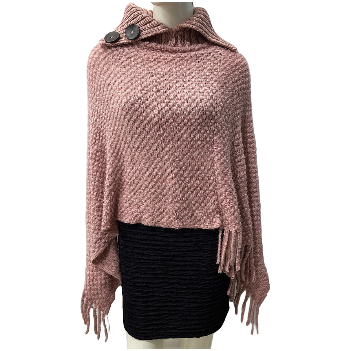 秋冬新款高领纽扣流苏女款斗篷披肩冬季保暖斗篷欧美时尚针织衫详情34