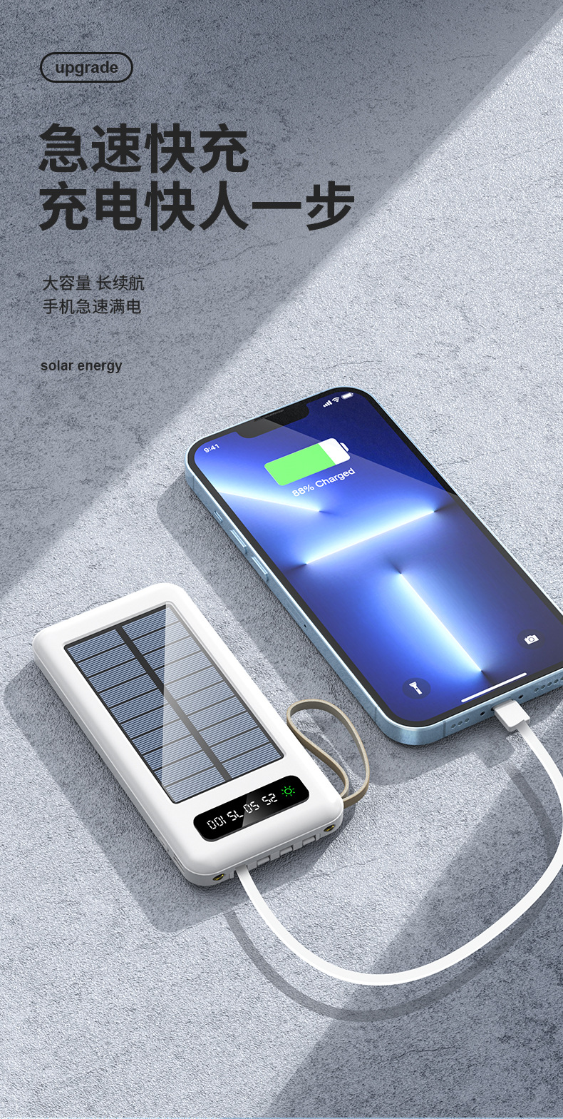 跨境户外太阳能大容量移动电源自带线充电宝20000毫安超薄便携详情4