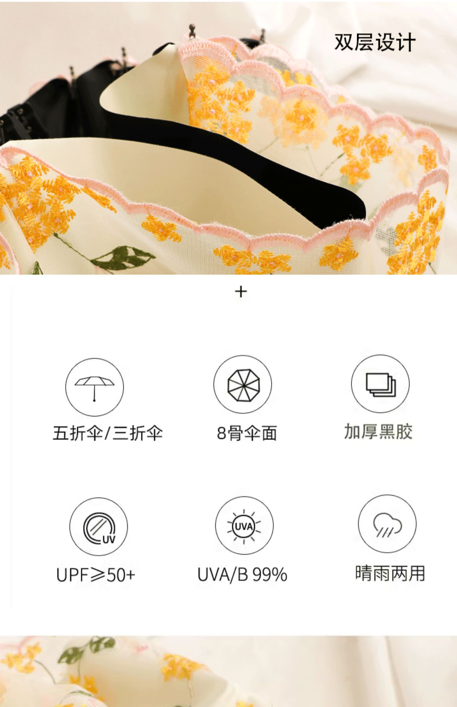 06YM双层复古真刺绣蕾丝防晒防紫外线黑胶晴雨两用遮阳伞超好看太详情4