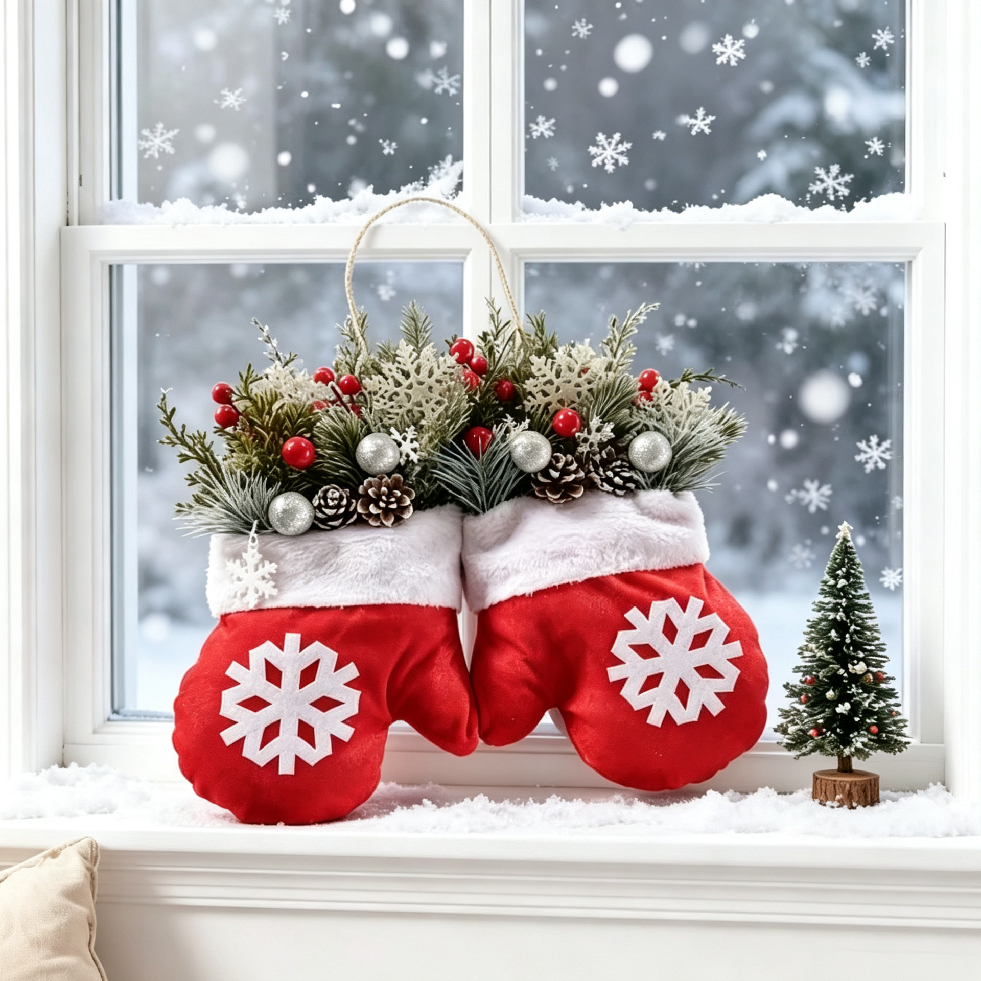 Christmas glove pendants, Christmas tree decorations, pine branches, snowballs, pinecones, and colorful lights embellish the background of gift boxes, creating a festive atmosphere pic 7