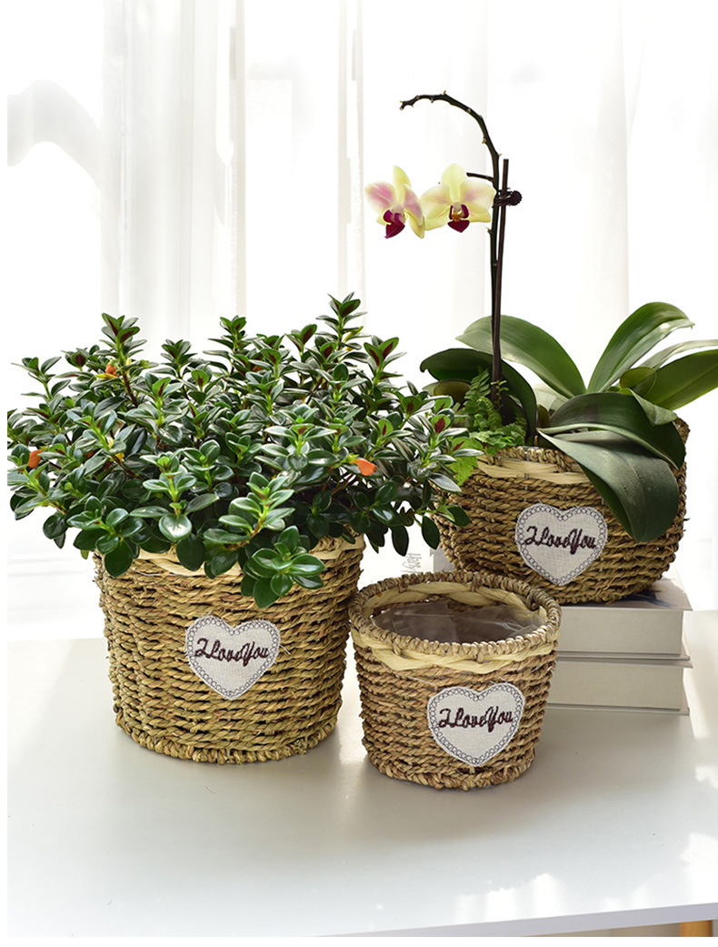 Hand-woven straw flower baskets, European-style country living room, balcony, table decoration, green ivy, green plants, succulents, rattan woven flower POTS pic 1