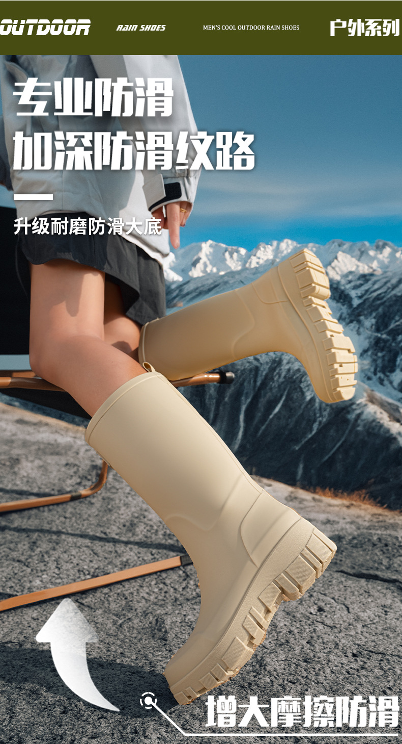 跨境时尚雨鞋女厚底耐磨防滑水鞋韩版中高筒露营风雨靴防水洗车鞋详情8