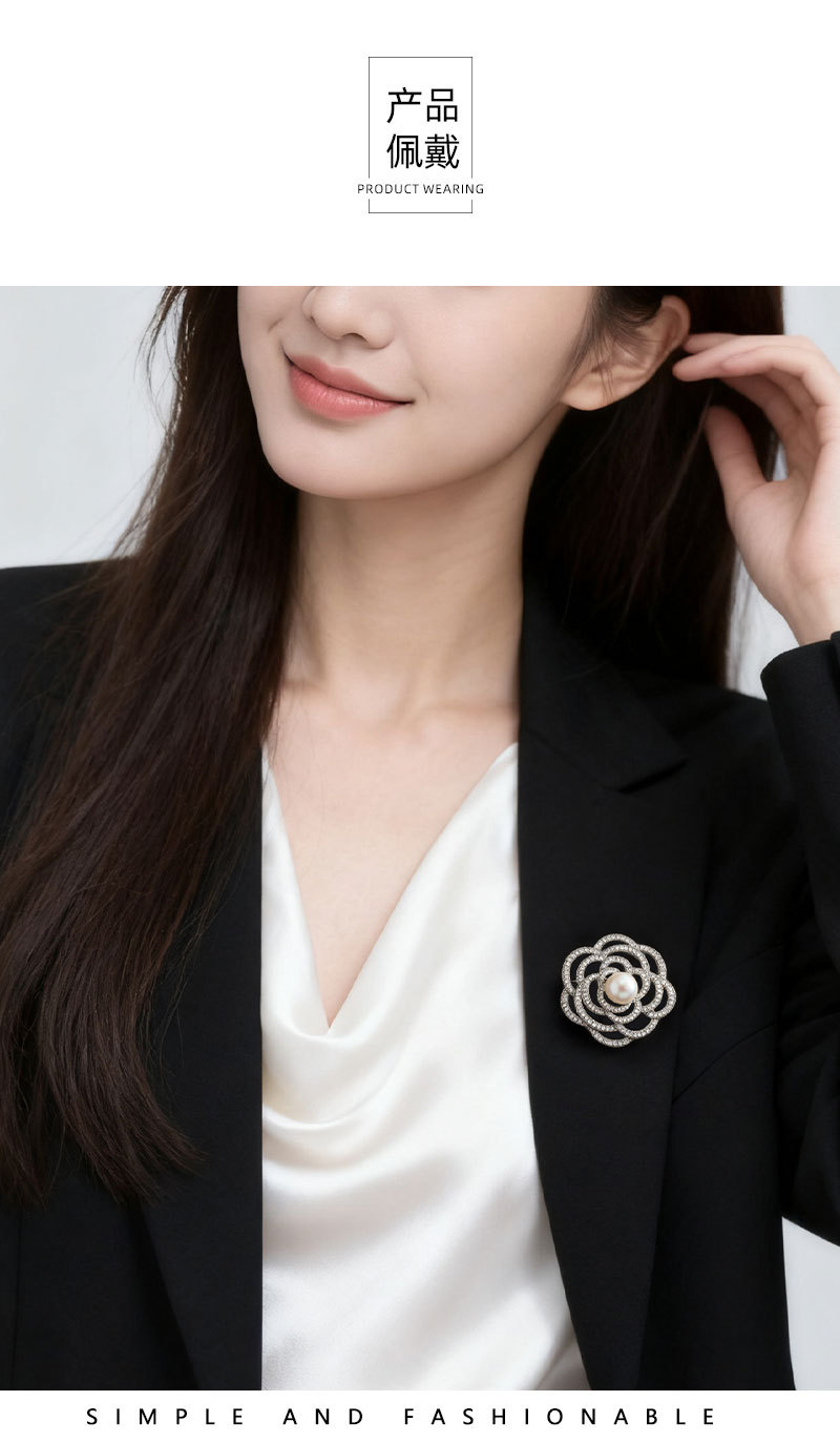 A light luxury and elegant camellia brooch with a high-end feel. It features a copper alloy freshwater pearl inlaid with zircon and a three-dimensional hollowed-out brooch pic 7