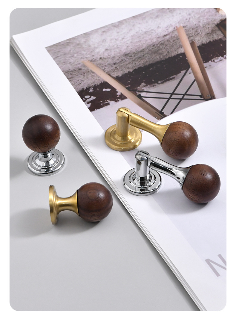 Factory wholesale of Chinese-style walnut wood wardrobe door handles, simple brass cabinet drawer furniture, and round ball handles pic 3
