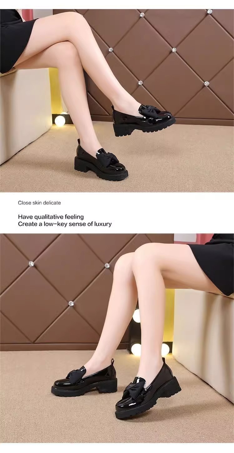 软皮春夏季新款乐福鞋漆皮蝴蝶结单鞋女粗跟厚底英伦风百搭小皮鞋详情3